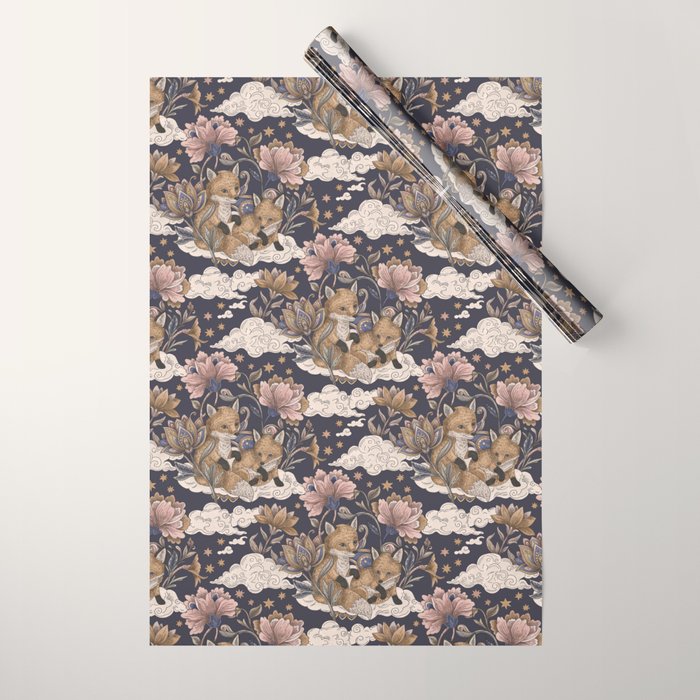 Fox Cubs in Moonlit Garden Wrapping Paper Gallery Image 1