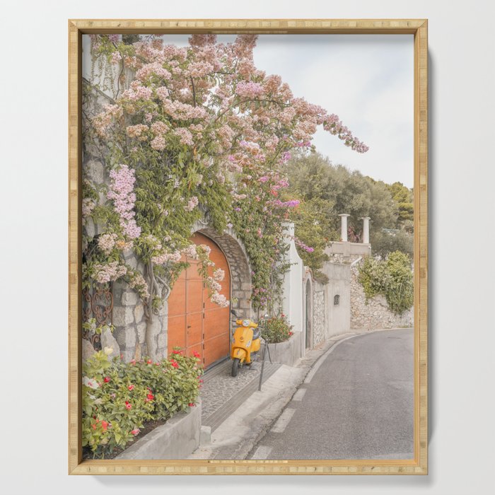 Floral Road on Capri Island | Pastel Color Street in Italy Summer Art Print | Wanderlust Vibes Travel Photography Serving Tray Gallery Image 1