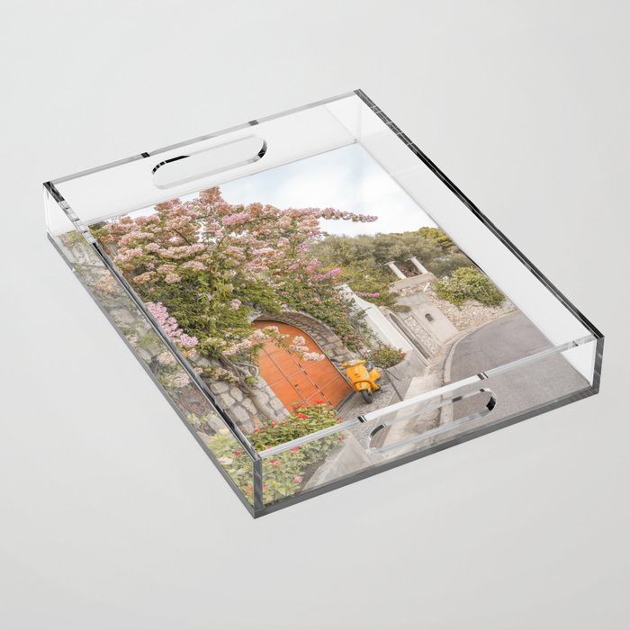 Floral Road on Capri Island | Pastel Color Street in Italy Summer Art Print | Wanderlust Vibes Travel Photography Acrylic Tray Gallery Image 1