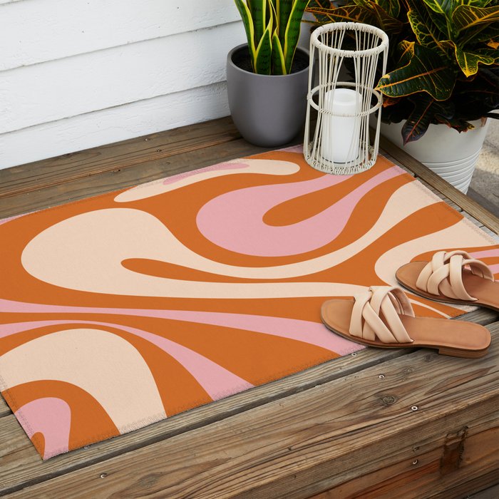 Mod Swirl Retro Abstract Pattern Orange Pink Cream Outdoor Rug Gallery Image 2