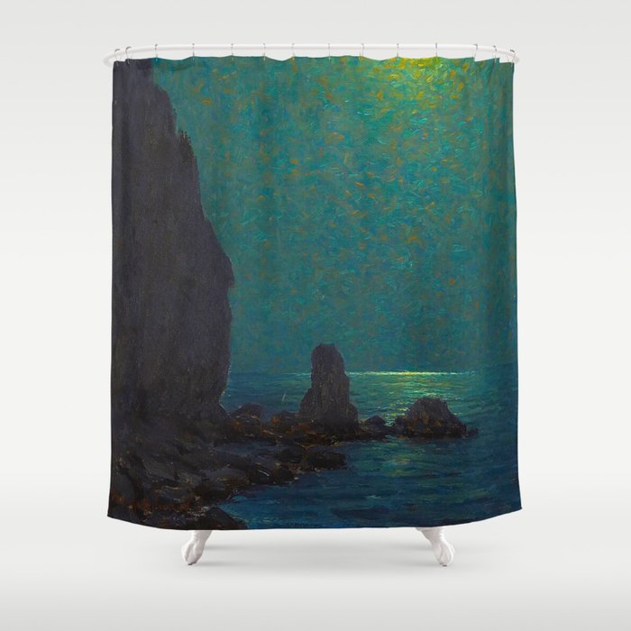 Granville Redmond Catalina Island Coast Under a Moonlit Sky Oil Painting Vintage American Art Shower Curtain Gallery Image 1