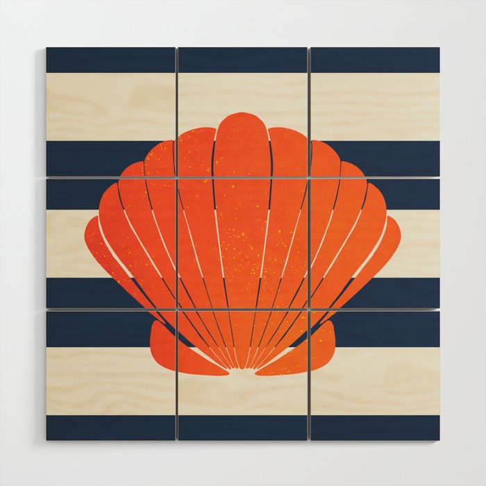 Orange clamshell and navy stripes Wood Wall Art Gallery Image 1