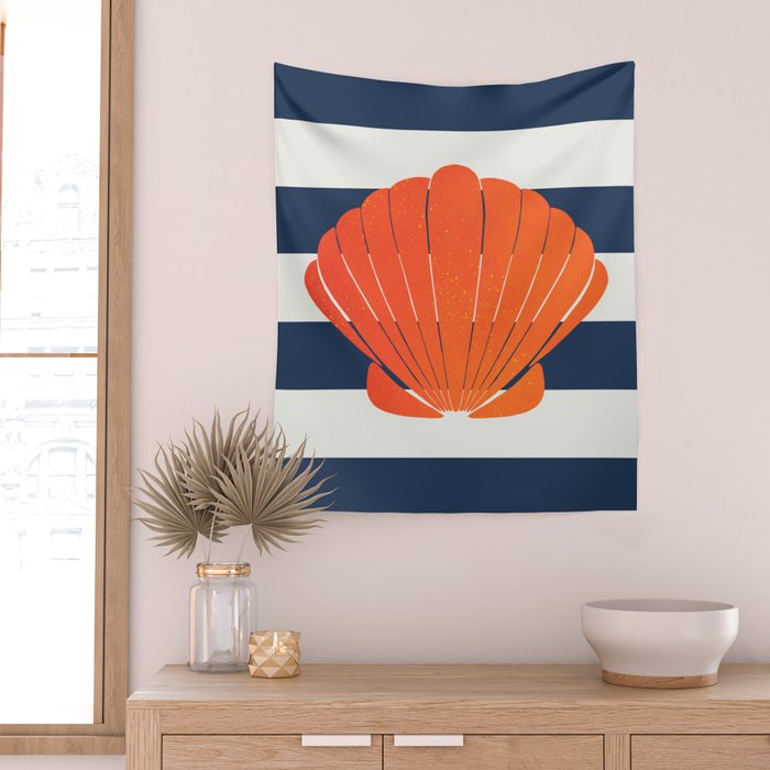 Orange clamshell and navy stripes Wall Tapestry Gallery Image 2