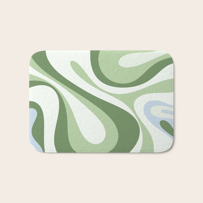 Mod Swirl Retro Abstract Pattern in Olive Sage Green and Light Blue Bath Mat Gallery Image 1