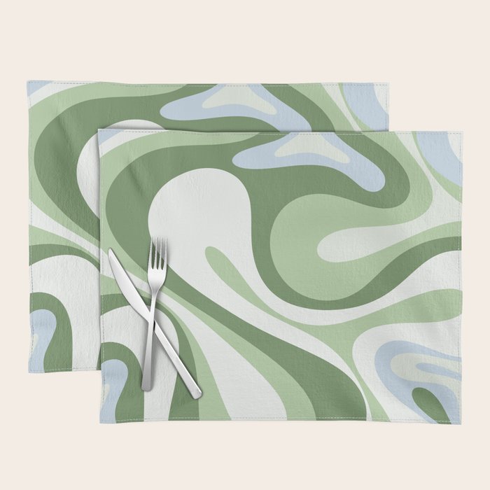 Mod Swirl Retro Abstract Pattern in Olive Sage Green and Light Blue Placemat Gallery Image 1