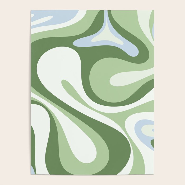 Mod Swirl Retro Abstract Pattern in Olive Sage Green and Light Blue Poster Gallery Image 1
