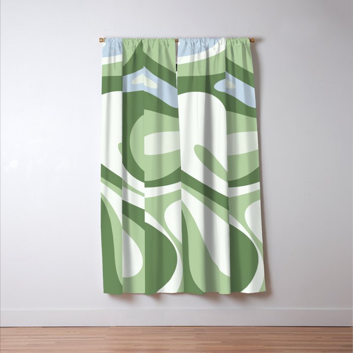 Mod Swirl Retro Abstract Pattern in Olive Sage Green and Light Blue Window Curtain Gallery Image 3