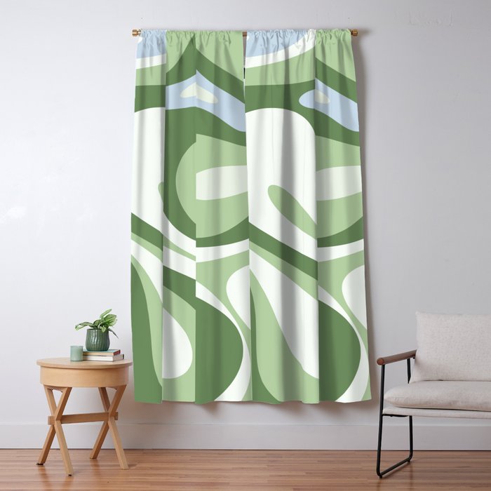 Mod Swirl Retro Abstract Pattern in Olive Sage Green and Light Blue Window Curtain Gallery Image 5