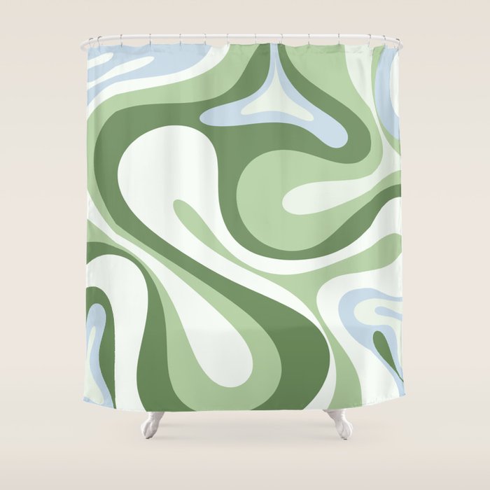 Mod Swirl Retro Abstract Pattern in Olive Sage Green and Light Blue Shower Curtain Gallery Image 1