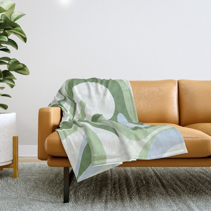 Mod Swirl Retro Abstract Pattern in Olive Sage Green and Light Blue Throw Blanket Gallery Image 1