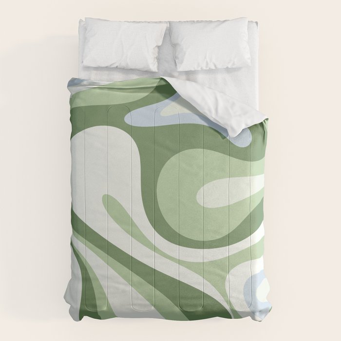 Mod Swirl Retro Abstract Pattern in Olive Sage Green and Light Blue Comforter Gallery Image 1