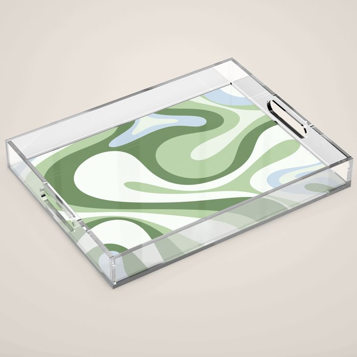 Mod Swirl Retro Abstract Pattern in Olive Sage Green and Light Blue Acrylic Tray Gallery Image 1