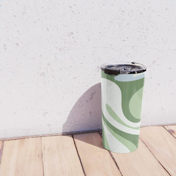 Mod Swirl Retro Abstract Pattern in Olive Sage Green and Light Blue Travel Mug Gallery Image 4