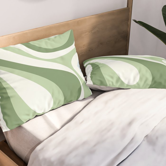 Mod Swirl Retro Abstract Pattern in Olive Sage Green and Light Blue Pillow Sham Gallery Image 2