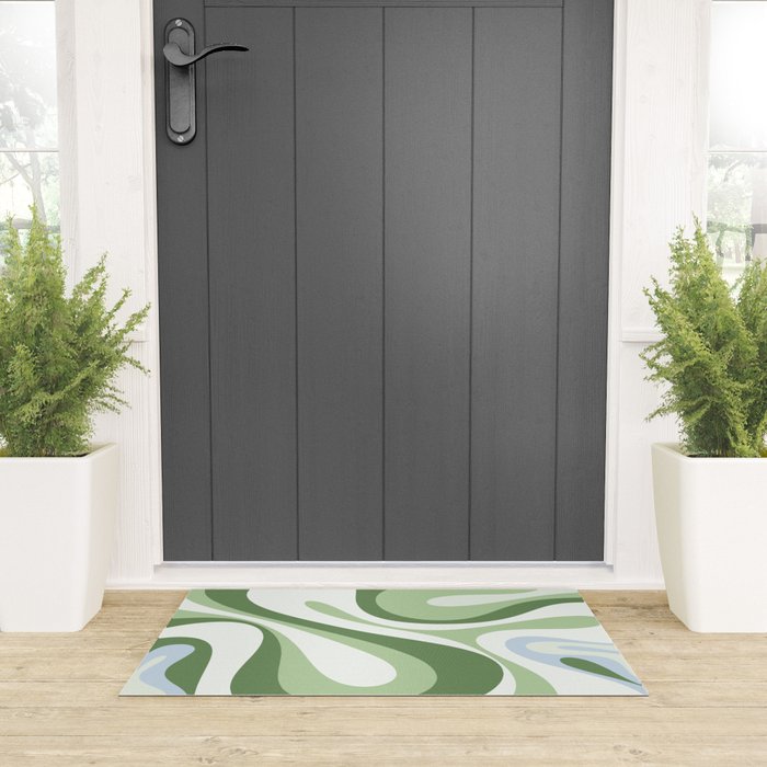 Mod Swirl Retro Abstract Pattern in Olive Sage Green and Light Blue Welcome Mat Gallery Image 3