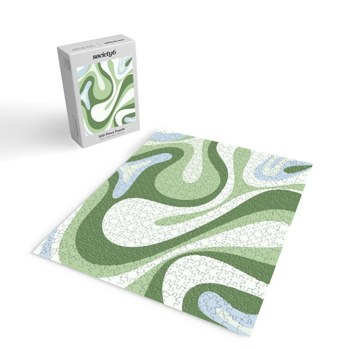 Mod Swirl Retro Abstract Pattern in Olive Sage Green and Light Blue Jigsaw Puzzle Gallery Image 2