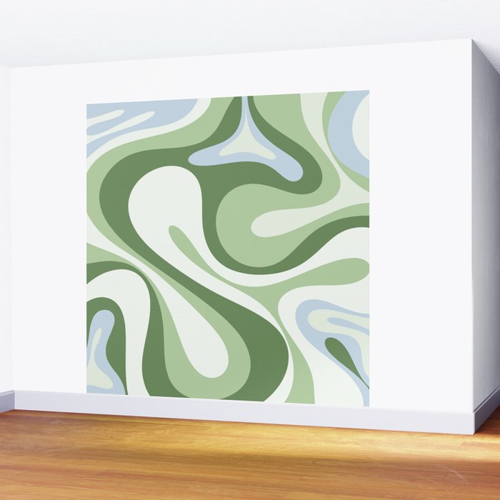 Mod Swirl Retro Abstract Pattern in Olive Sage Green and Light Blue Wall Mural Gallery Image 2