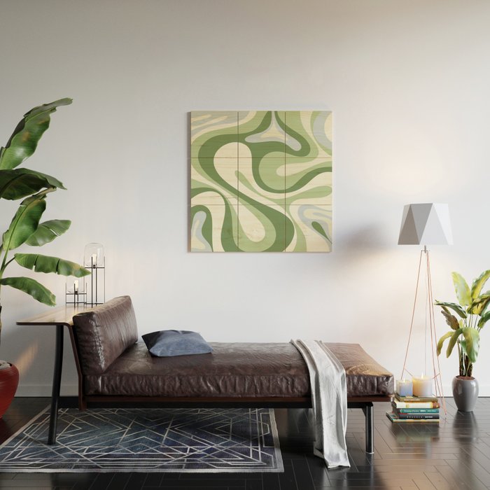 Mod Swirl Retro Abstract Pattern in Olive Sage Green and Light Blue Wood Wall Art Gallery Image 2