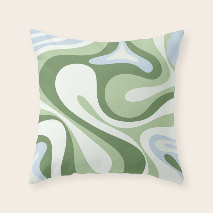 Mod Swirl Retro Abstract Pattern in Olive Sage Green and Light Blue Throw Pillow Gallery Image 6