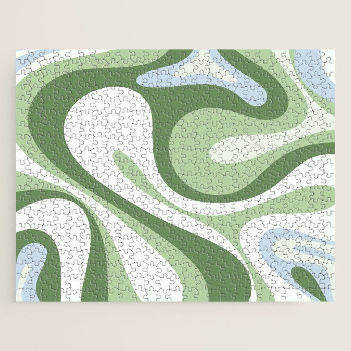 Mod Swirl Retro Abstract Pattern in Olive Sage Green and Light Blue Jigsaw Puzzle Gallery Image 1