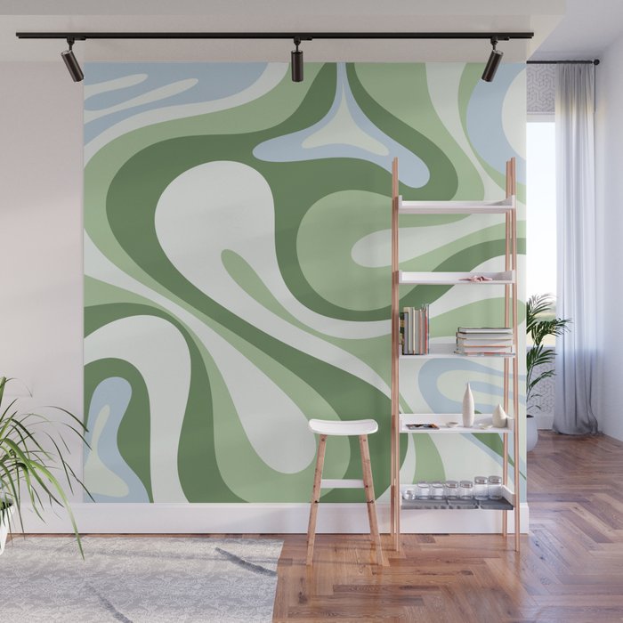 Mod Swirl Retro Abstract Pattern in Olive Sage Green and Light Blue Wall Mural Gallery Image 1
