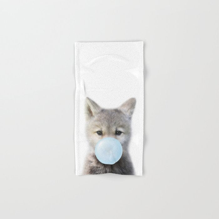 Baby Wolf Blowing Blue Bubble Gum, Baby Boy, Kids, Baby Animals Art Print by Synplus Bath Towel Gallery Image 1