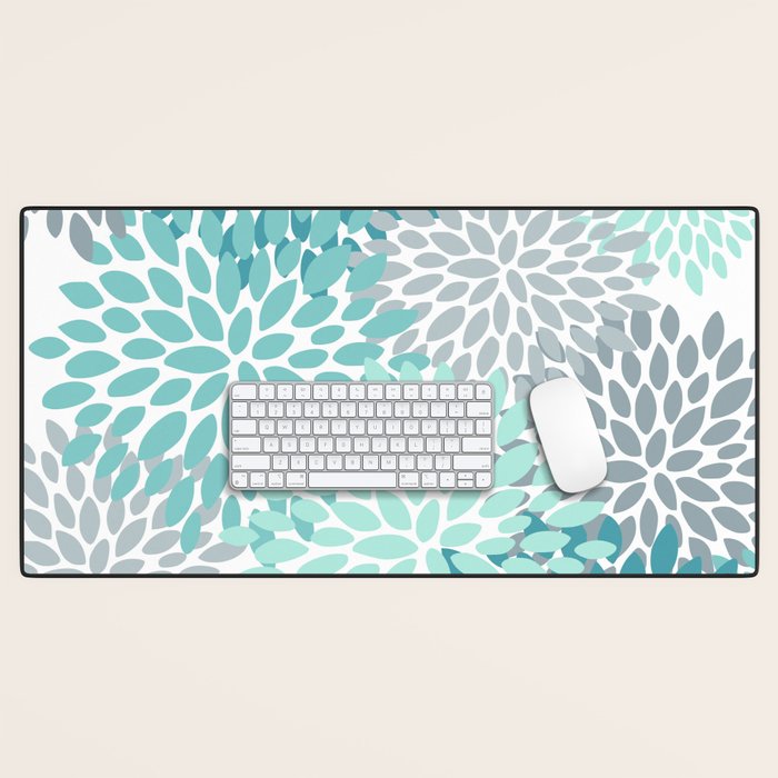 Floral Pattern, Aqua, Teal, Turquoise and Gray Desk Mat Gallery Image 1