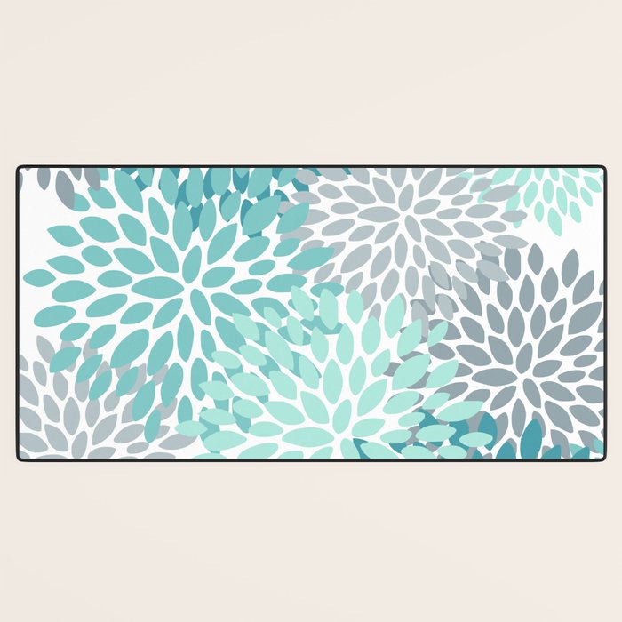 Floral Pattern, Aqua, Teal, Turquoise and Gray Desk Mat Gallery Image 3