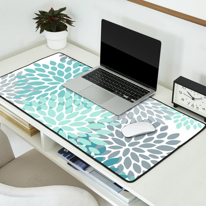 Floral Pattern, Aqua, Teal, Turquoise and Gray Desk Mat Gallery Image 2
