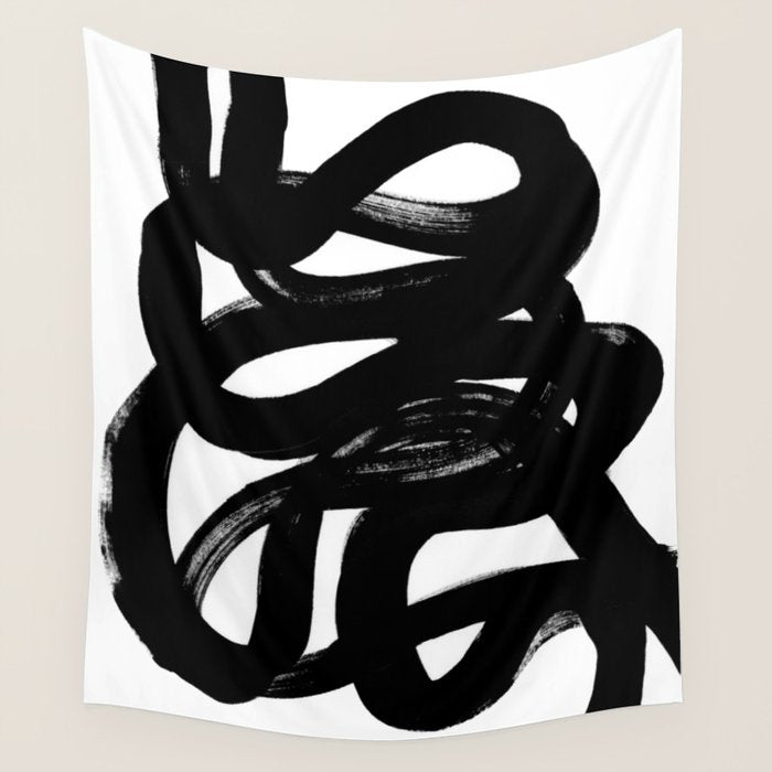 Swirl Black & White Minimalist Abstract Mid century Ink Art Dark Brush Strokes Wall Tapestry Gallery Image 4
