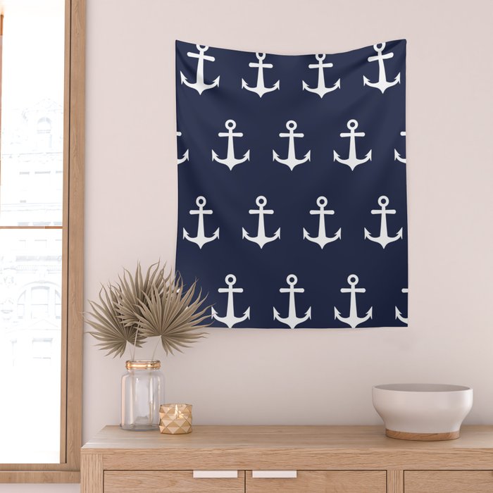 Nautical Navy Blue and White Anchors Wall Tapestry Gallery Image 2