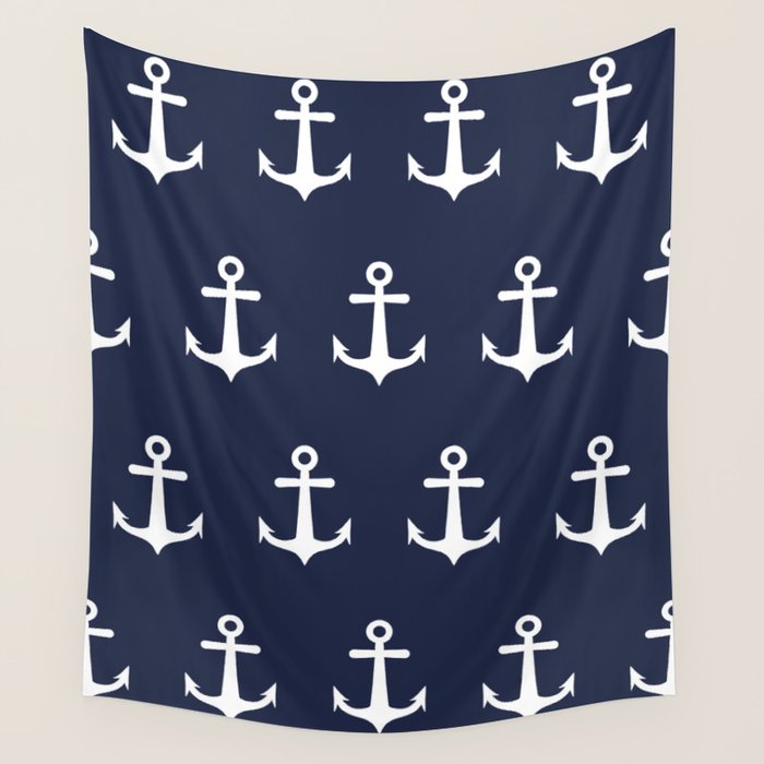 Nautical Navy Blue and White Anchors Wall Tapestry Gallery Image 4
