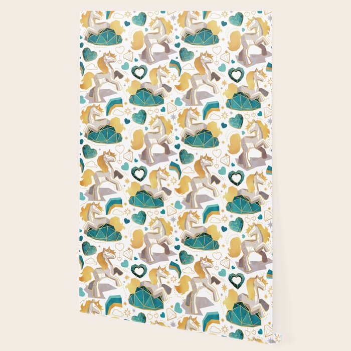 Kicking off some magic // white background white and grey unicorns aqua and mint hearts clouds and rainbows golden lines Wallpaper Gallery Image 2
