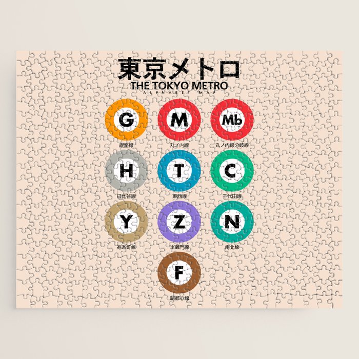 Tokyo subway map print. City metro alphabet poster, japan underground print, japanese city wall art. Jigsaw Puzzle Gallery Image 1