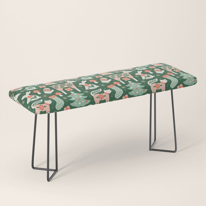 Festive Folk Art Forest Animals - Green and Red Bench Gallery Image 1