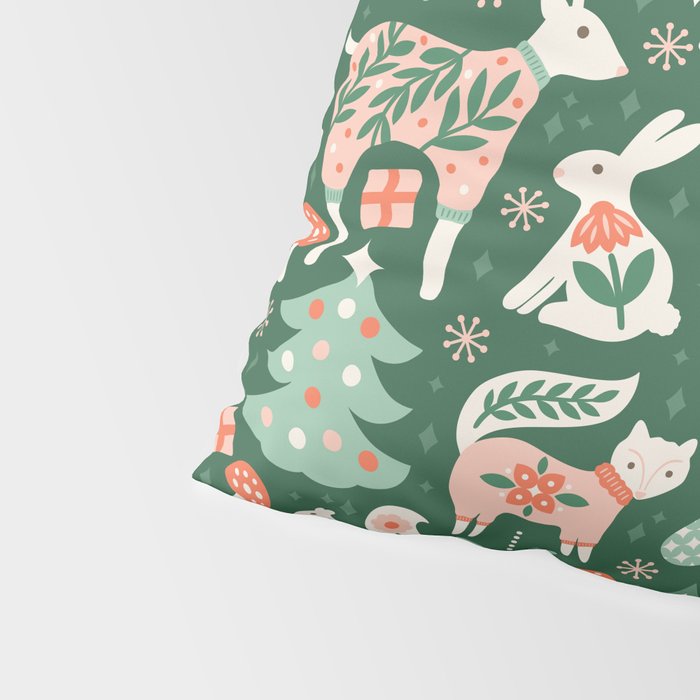Festive Folk Art Forest Animals - Green and Red Pillow Sham Gallery Image 4