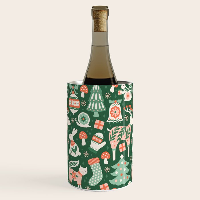 Festive Folk Art Forest Animals - Green and Red Wine Chiller Gallery Image 1