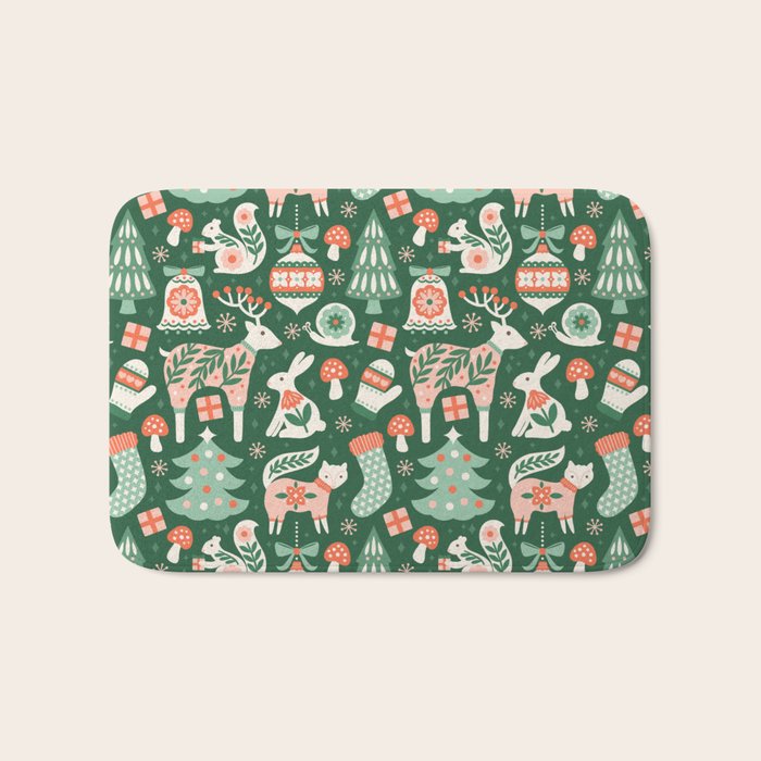 Festive Folk Art Forest Animals - Green and Red Bath Mat Gallery Image 1