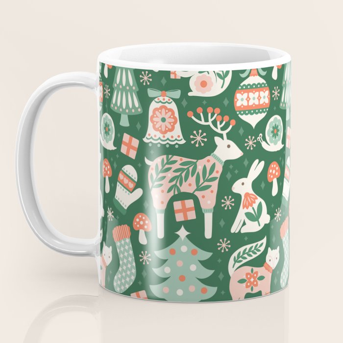 Festive Folk Art Forest Animals - Green and Red Coffee Mug Gallery Image 3