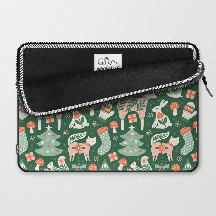 Festive Folk Art Forest Animals - Green and Red Laptop Sleeve Gallery Image 2