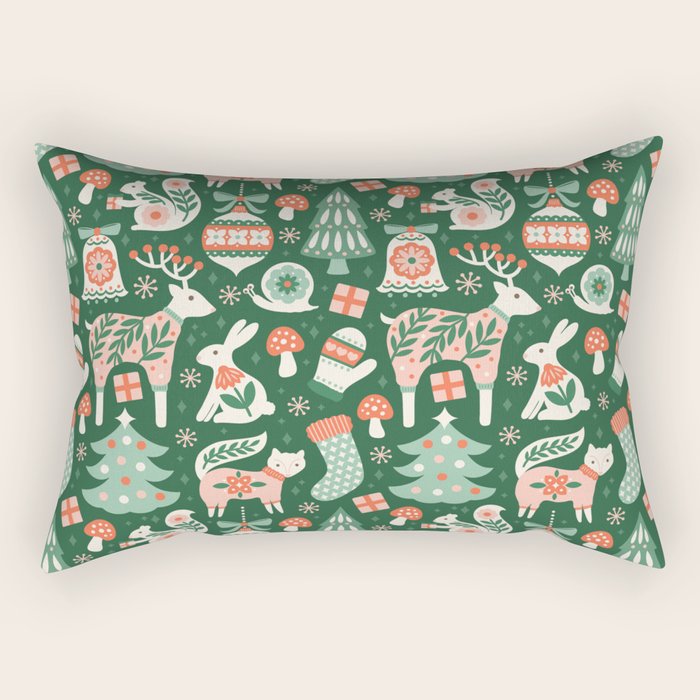 Festive Folk Art Forest Animals - Green and Red Rectangular Pillow Gallery Image 1