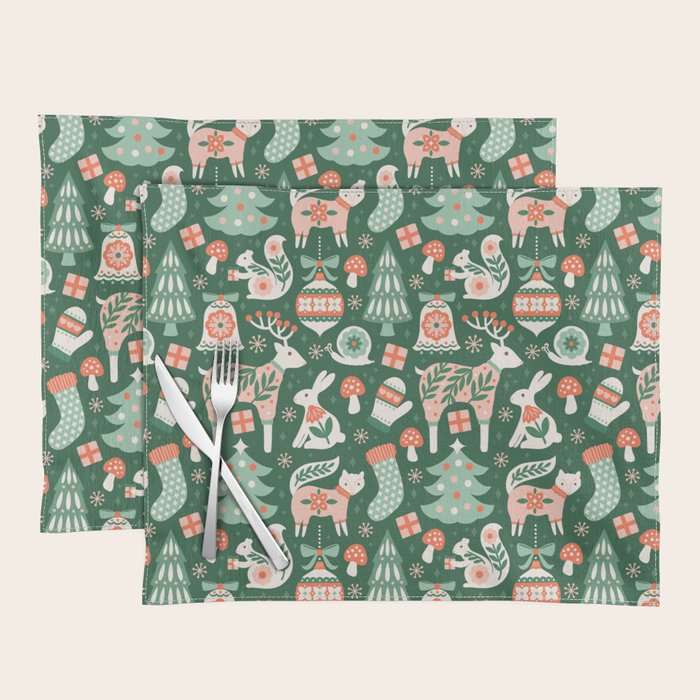 Festive Folk Art Forest Animals - Green and Red Placemat Gallery Image 1