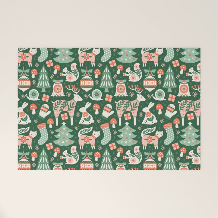 Festive Folk Art Forest Animals - Green and Red Welcome Mat Gallery Image 1