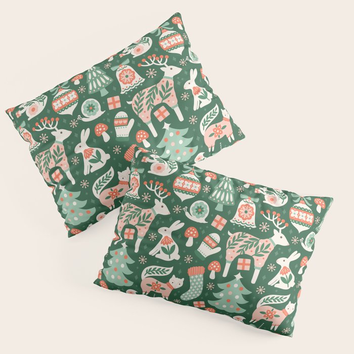 Festive Folk Art Forest Animals - Green and Red Pillow Sham Gallery Image 3