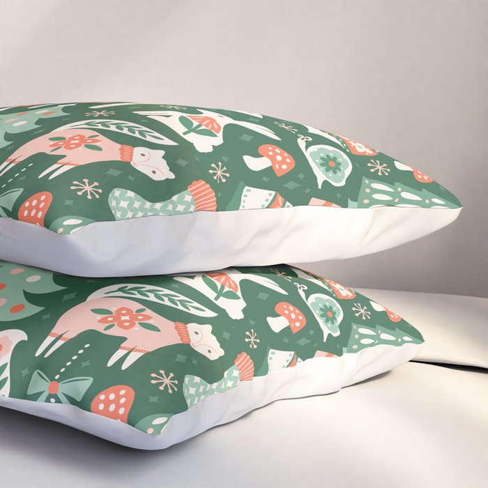 Festive Folk Art Forest Animals - Green and Red Pillow Sham Gallery Image 3