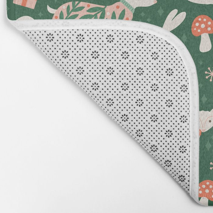 Festive Folk Art Forest Animals - Green and Red Bath Mat Gallery Image 2