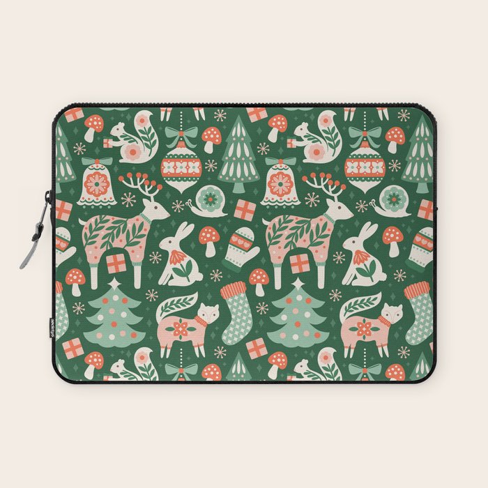 Festive Folk Art Forest Animals - Green and Red Laptop Sleeve Gallery Image 1
