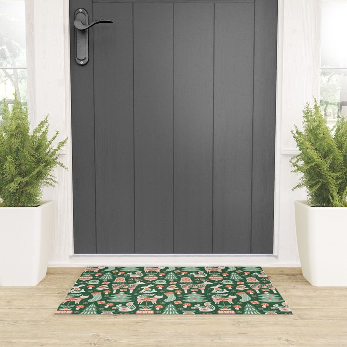 Festive Folk Art Forest Animals - Green and Red Welcome Mat Gallery Image 3