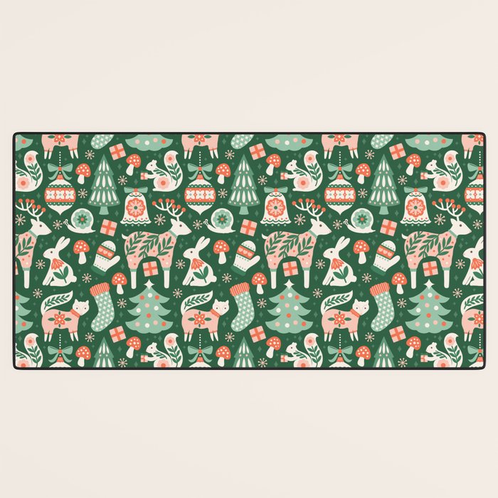Festive Folk Art Forest Animals - Green and Red Desk Mat Gallery Image 3