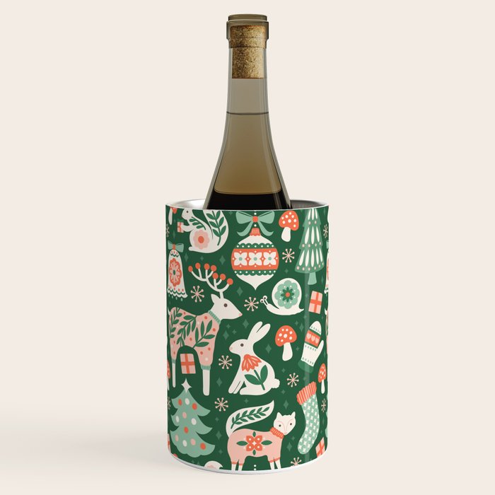Festive Folk Art Forest Animals - Green and Red Wine Chiller Gallery Image 3